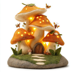 Whimsical felt depiction of garden filled with glowing mushroom houses, butterflies, and small pathway. scene is enchanting and imaginative, evoking sense of wonder
