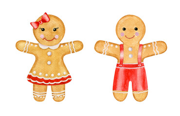 A pair of festive gingerbread cookies isolated on white background. Watercolor illustration.