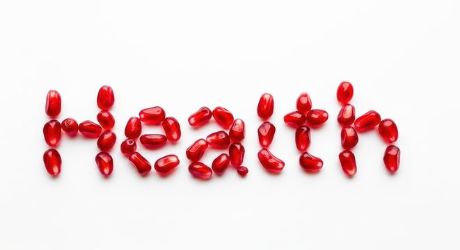 Pomegranate seeds forming the word health on white background - Powered by Adobe