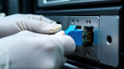 Expert technician's hands in anti static gloves meticulously plug a vibrant blue network cable into a server port, showcasing seamless technology integration and precise data connection in 4K.