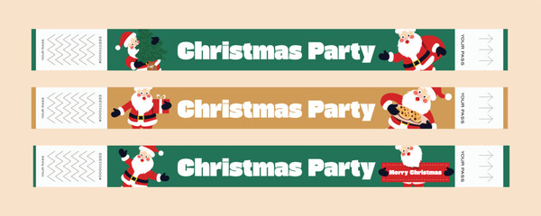 Set of Christmas party wristbands — festive cartoon design with Santa Claus. Cute vector illustration of holiday entry tickets in red, green, and gold colors