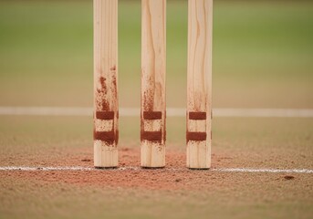 Cricket sport, Close u,p wickets grounded in di,rt sports equipment prepared for playia ng game, tournamen,t training mat,ch action outside during daytime