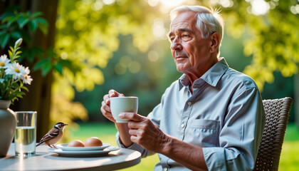 Elderly man cherishing coffee moment in peaceful garden patio, serenity