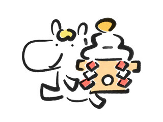 墨絵の鏡餅を持つかわいい白馬　正月素材・手描き