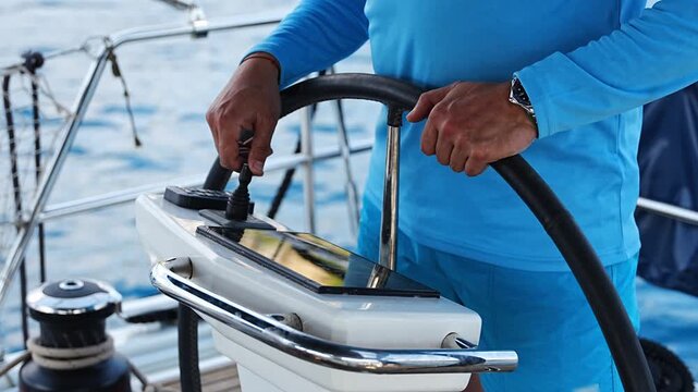 Man steering a sailing yacht using navigation display and control panel near Croatia. Precision, control and modern sailing lifestyle at sea.
