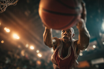 Basketball player executing a stunning shot from above during a packed game