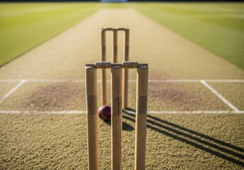 Cricket sport Close Up of Wooden Wickets on Green Field with Blurred Background and a Red Ball Between Them, Perfect for a Game Day Concept Exactly 160 character