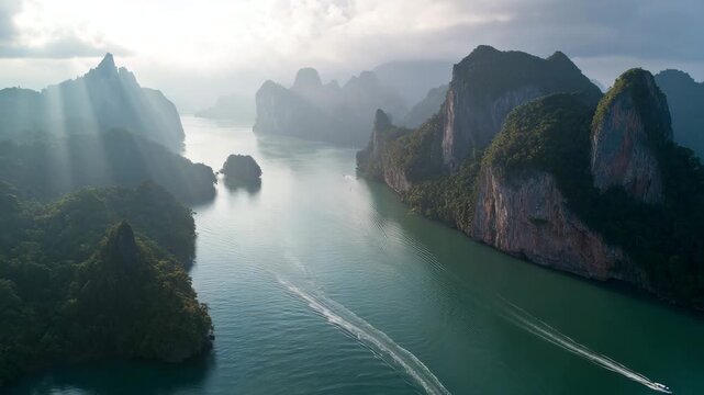 Aerial view of two speedboats gliding through turquoise water between dramatic limestone cliffs, sunlight reflecting on waves, and clouds drifting above. Ideal for travel, tourism, and cinematic lands