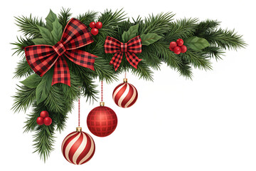 A cheerful holiday corner decoration with pine needles, red plaid ribbons, vibrant berries, and dangling ornaments, cleanly isolated for transparent backgrounds.