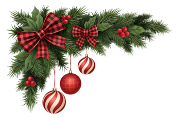 A cheerful holiday corner decoration with pine needles, red plaid ribbons, vibrant berries, and dangling ornaments, cleanly isolated for transparent backgrounds.