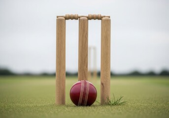 Cricket sport Stumps on green field with ball for gameplay sports equipment on lawn pitch in summer day light team match professional game