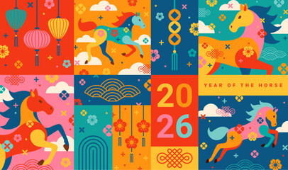 Obraz na płótnie Canvas Happy Chinese New Year 2026 Year of the Horse. Vector illustration. Color China Christmas poster banner floral asian pattern. Spring holiday design funny geometric Japanese background.