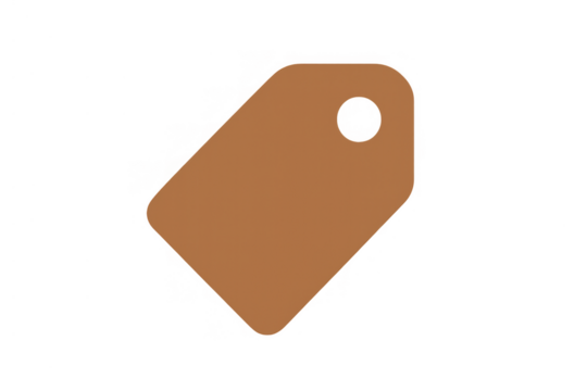 Brown price tag icon with hole for string, isolated on transparent background, showing retail commerce and sale concept