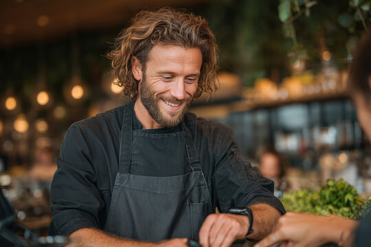 Waiter happily receives digital order on smartwatch during busy cafe shift