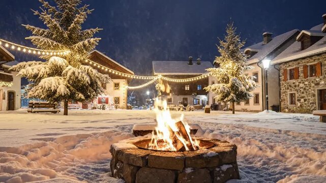 Cozy winter village square with campfire burning in snow surrounded by decorated houses and Christmas lights during peaceful night