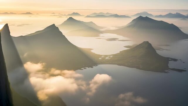 A person base jumping from a cliff over a misty fjord landscape with mountains and clouds during sunset, adventure footage