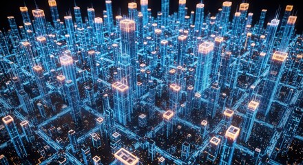Abstract digital cityscape with glowing blue and orange lights, representing data and technology