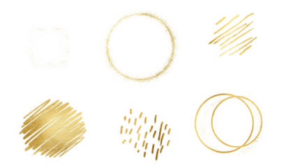 Collection of six golden abstract shapes and textures isolated on transparent background