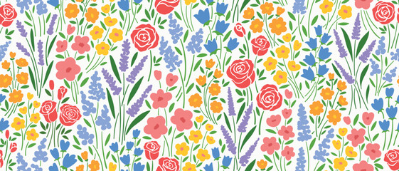 Floral liberty pattern with small colorful flowers field on a white background. Repeating ditsy doodle flower meadow background. Vector design for paper, cover, fabric, interior decor and other