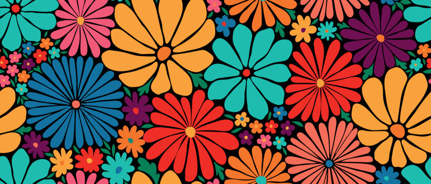 Retro floral seamless pattern with colorful flowers. Vintage groovy aesthetic background for textile design, fabric print, and wallpaper. Ditsy flower power vector illustration