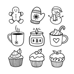 Christmas vector coloring page with snowman, muffins and cocoa. Vector Christmas doodles.