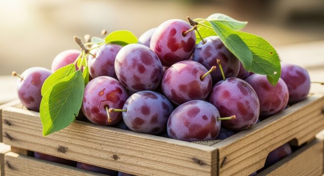 Freshly harvested purple plums in wooden crate with green leaves