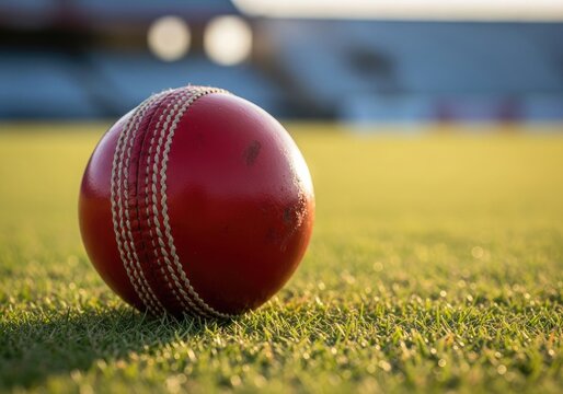 Cricket sport Red ball rests on a grassy field prepared for a game, match, round, a match-shaped sphere stitched with a raised seam used for bowling batting