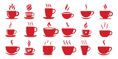Collection of Red Coffee Cups with Steam Icons