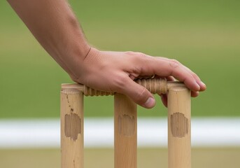 Cricket sport Hand places the bails on the wickets, preparing fora  playing game, matc,h sport equipme,nt setting up wooden stumps the on field outdoors