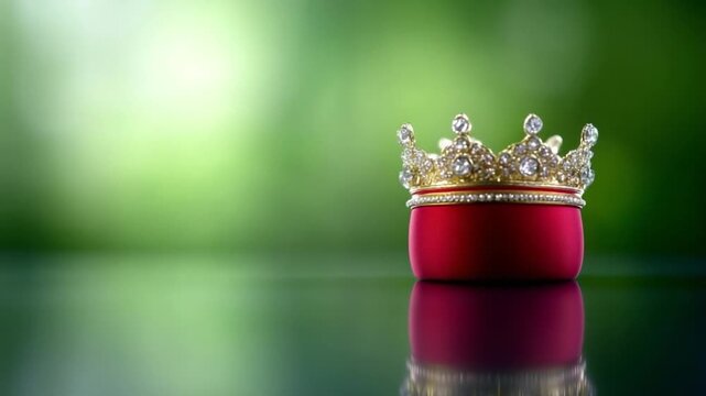 Golden Crown: a regal golden crown, glistening with jewels, rests majestically upon a vibrant red surface, evoking notions of royalty and prestige.