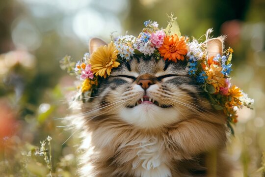 Cute adult cat himalayan wearing primal flower crown on its head. Sunny daylight. Sunny days happiness. Happy cat in a flower field. Cute kitten’s radiant summer glow. Beautiful cat in bloo.