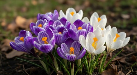 A cluster of purple and white crocuses blooming in the spring.