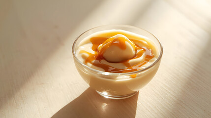 Delicious gourmet chocolate ice cream with sauce in a white bowl, perfect sweet dessert closeup