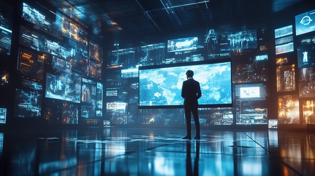 A person stands in front of a large screen surrounded by other screens displaying data