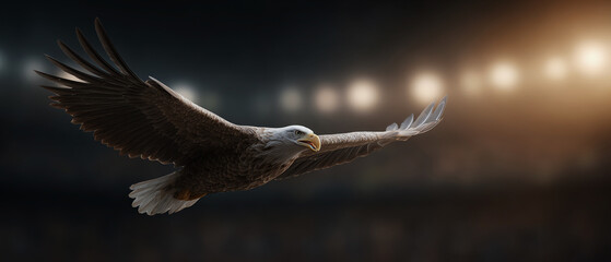 Majestic bald eagle flying with power and freedom in stadium at night. powerful bird of prey soaring under bright sport event lights