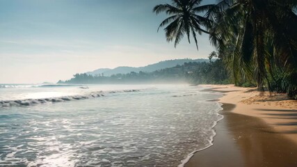 Low camera glides along tropical shoreline as waves roll over golden sand, palm trees sway, and soft mist covers distant hills. Ideal for travel, relaxation, and nature video projects. - Powered by Adobe