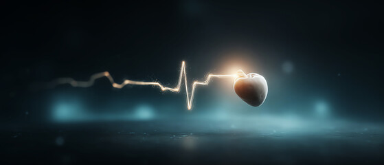 Glowing heartbeat line pulse connected to heart on dark background, hopeful concept of medical technology, life, health and vitality