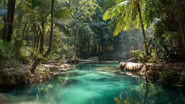 Low camera glides over an emerald jungle pool surrounded by lush tropical trees, clear water showing rocks below as sunlight filters through the canopy. Perfect for travel and nature projects.