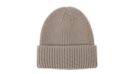 Beige knitted beanie hat isolated on transparent background