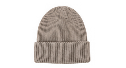 Beige knitted beanie hat isolated on transparent background