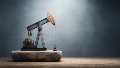 Powerful model oil pump jack under dramatic spotlight. Symbol of petroleum industry, representing energy, fuel, business and economy