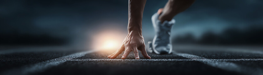 Determined runner athlete at start line of track, closeup of powerful launch for race competition with intense focus and energy