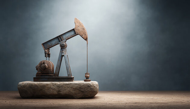 Powerful model oil pump jack under dramatic spotlight. Symbol of petroleum industry, representing energy, fuel, business and economy - Powered by Adobe
