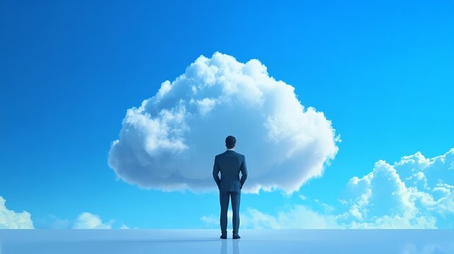 A businessman stands facing a large cloud in the sky, symbolizing cloud computing and data storage