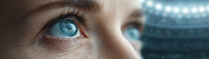 Focused viewer with an intense blue eye watching sport game in stadium. close up of person showing deep concentration and hope