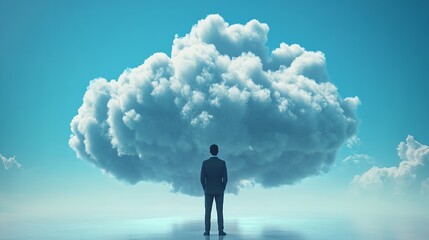 A businessman stands facing a large cloud in the sky, symbolizing cloud computing and data storage