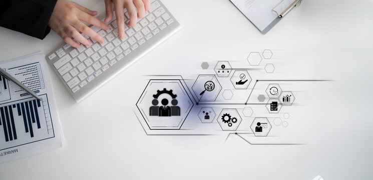 Business management system showing teamwork, productivity, and planning. Management supports goal, management tracks progress, management improves teamwork, and enhances productivity. Latch