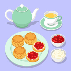 This vector illustration captures a traditional English cream tea, showcasing a teapot, cup, scones, jam, and cream in a simple, isometric style against a purple background