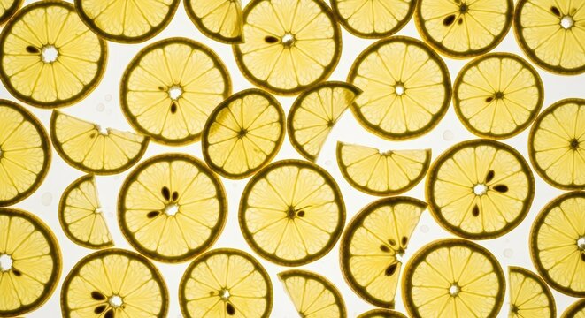 Fresh lemon slices pattern: overlapping yellow citrus circles on white background
