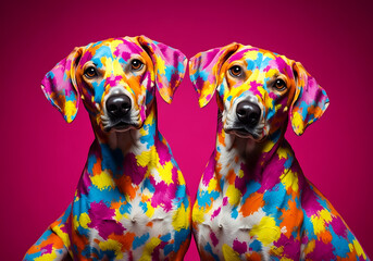 Two loving dogs in their unique fashion style, ready for Valentine’s Day, their bodies covered in colorful hearts. Stock Illustration | Adobe Stock